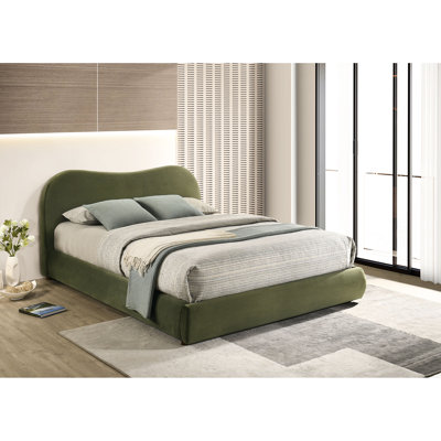 Queen Size Bedframe With Olive Velvet, Curved Design, Engineered Wood And Solid Wood, Contemporary Bedroom Bed Transitional Decor