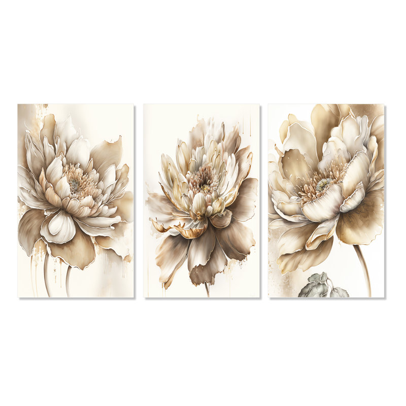 «Indigold Beige Flower», 3 pièces sur toile, H 32 po x l 48 po, Toile tendue