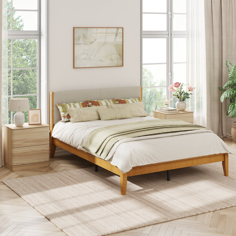 Natural Bamboo Mortise-and-tenon Upholstered Bed, Brown, Queen