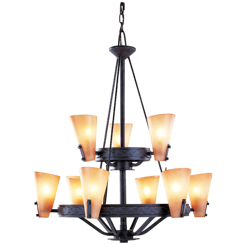 Lustre candélabre en fer à niveaux à 9 lumières avec abat-jour en verre grès Lodge