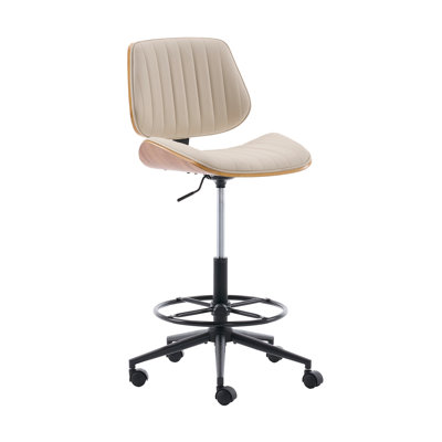 Adjustable Ergonomic Drafting Chair With Footrest Ring, 360° Swivel Armless Tall Office Chair With Bent Wood