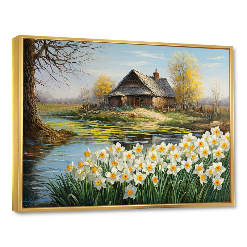 «White and Yellow Daffodils Country Charm I», reproduction sur toile, Cadre flottant doré, H 16 po x l 32 po