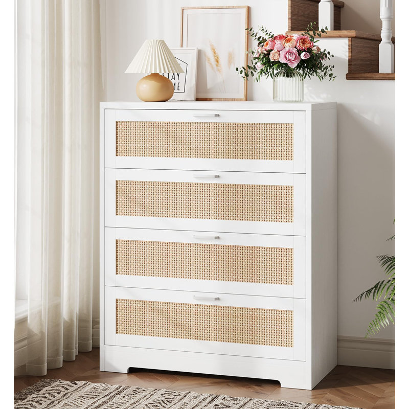 Commode 4 tiroirs pour chambre à coucher, commode en rotin, Blanc