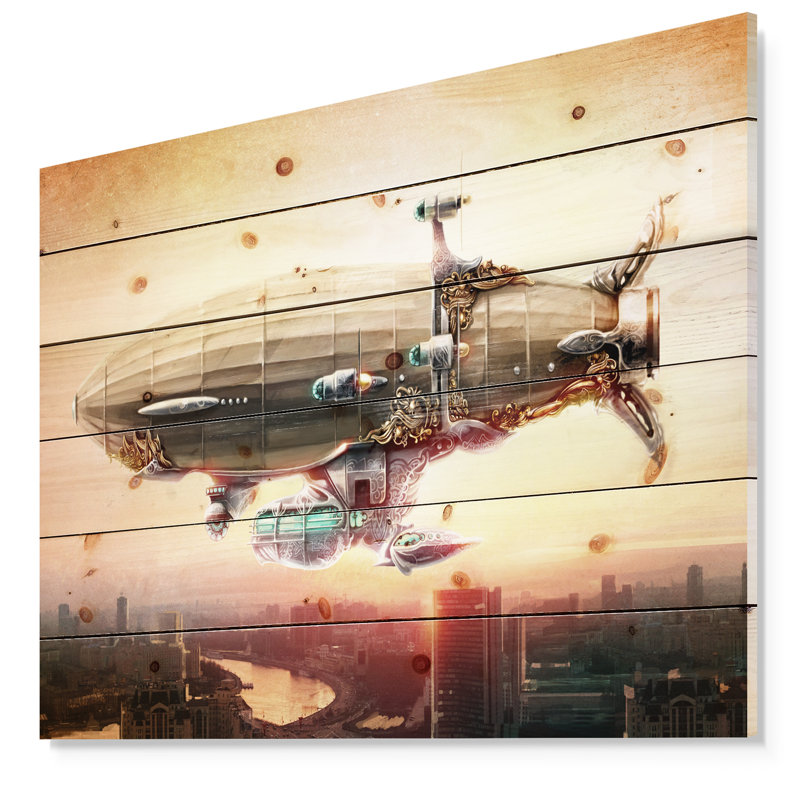«Dirensible Balloon in Sky over City», reproduction d'impression, H 15 po x l 20 po x P 1 po, Bois
