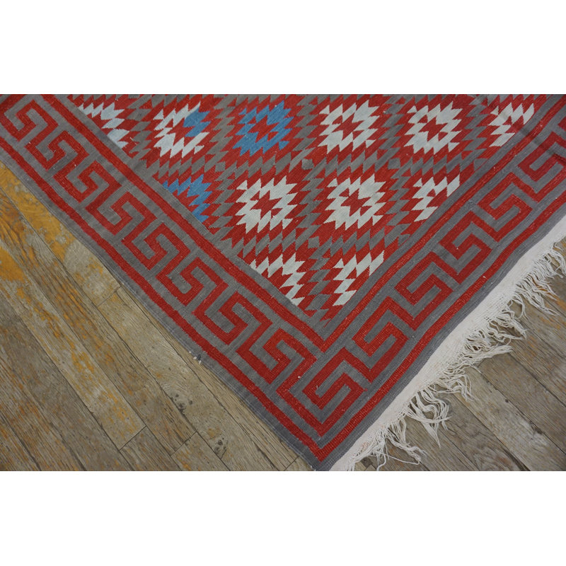 Small Antique Rustic Tribal Geometric Indian Cotton Dhurrie Flatwoven Rug