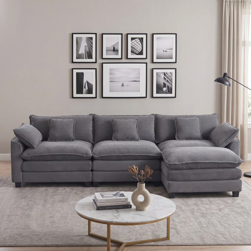 108" Corduroy Modular Sectional Sofa with Movable Ottoman, 3-Seater Deep Seat Couch with Double Cushions and 5 Pillows