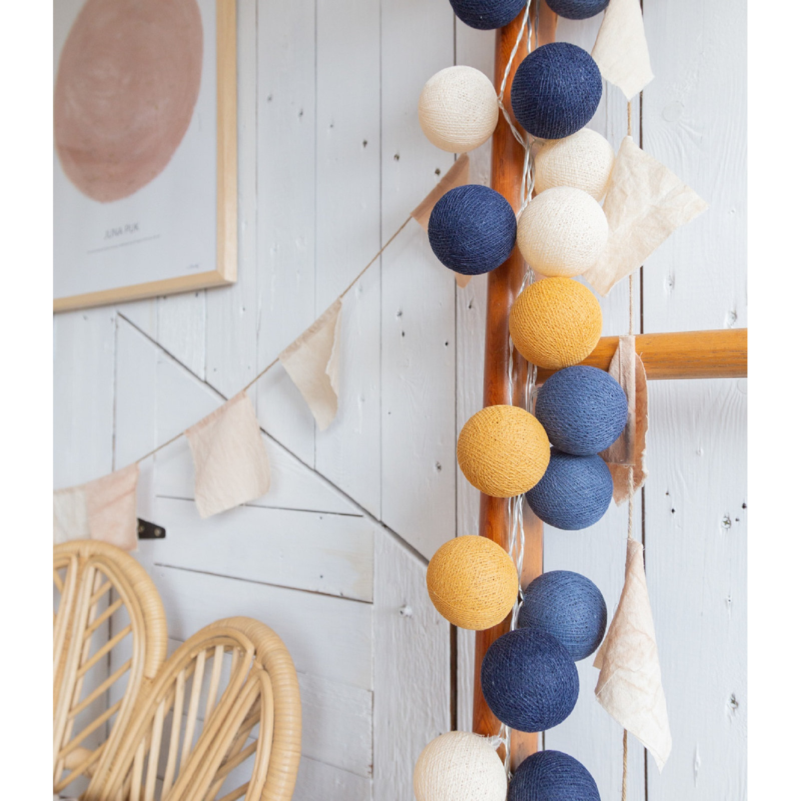 149'' Globe String Lights, Blue/Yellow/White, 3" H x 290" L x 5" D, 50 Lights