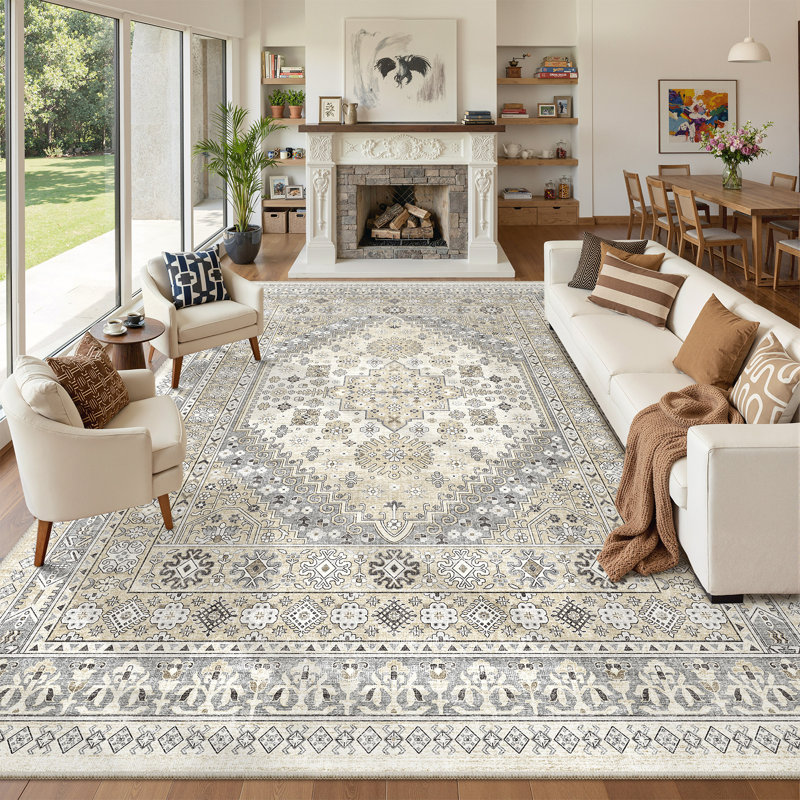 Malaika Machine-Washable Non-Slip Medallion Area Rug, Gray/Beige, Rectangle 10' x 14'