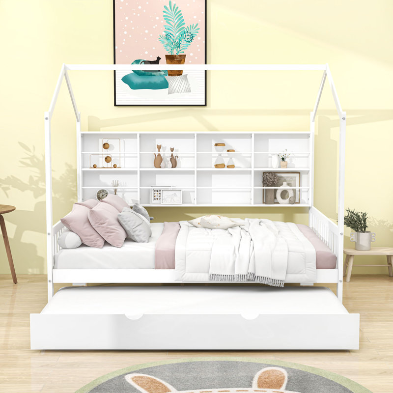 Kip Wooden Platform Bed with Trundle, Full, White