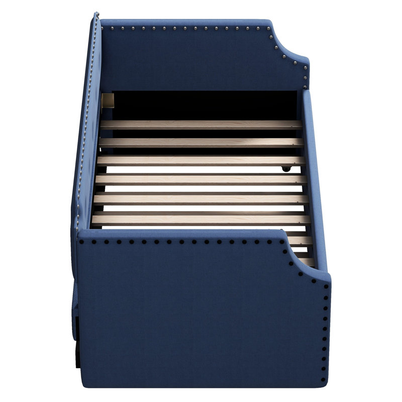 Upholstered Daybed With Trundle, Twin, Blue - Linen Covered, Steady Wood Slat Assembly Twin Base, -bed