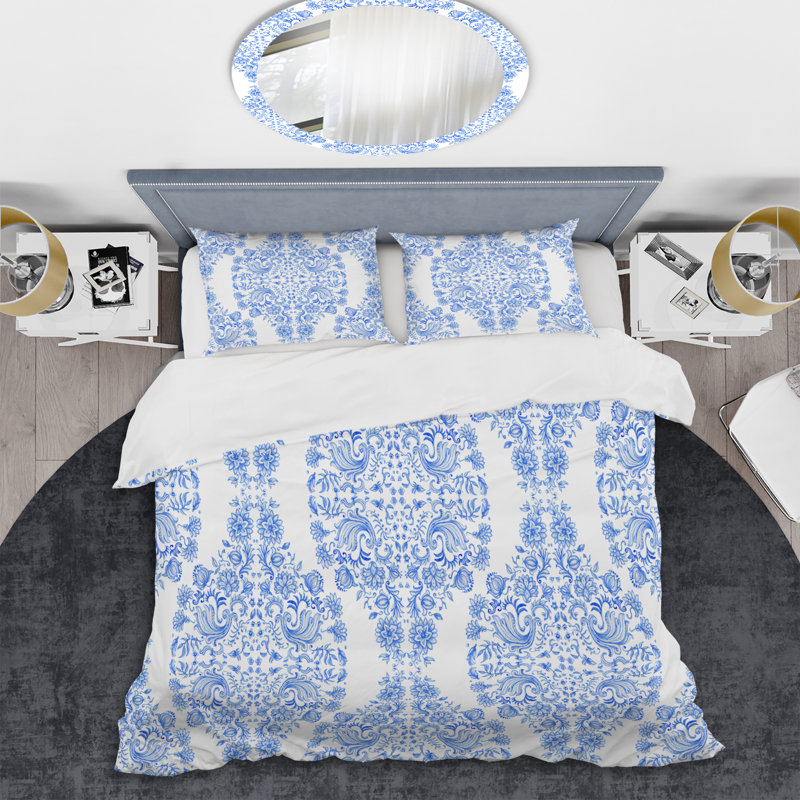 Blue Damask I - Ensemble de housse de couette à motif abstrait - Microfibre de polyester