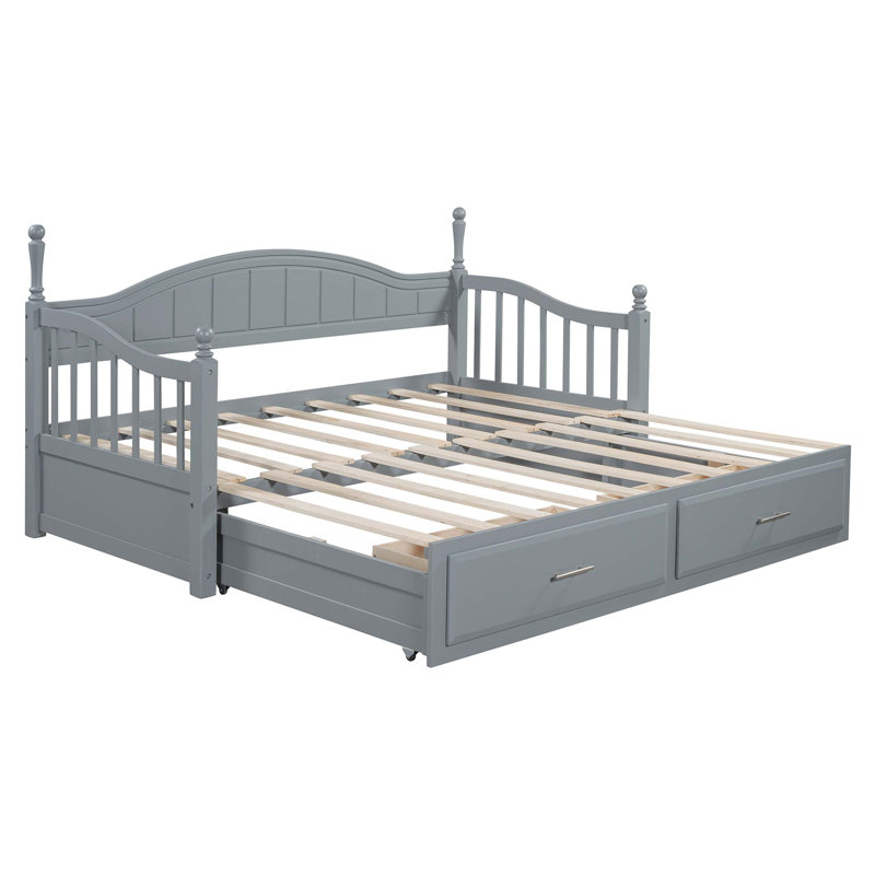 Wooden Twin Size Daybed With Twin Size Trundle, Extendable Daybed With Two Storage Drawers, Gray