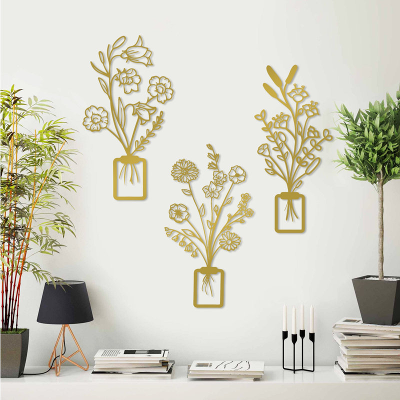 Elegant Decorative Metal Wall Accessory (3 Pieces), Gold Finish, 9.1 x 18.9 inches | 100% Metal, Thickness: 0.06 inches | Easy Wall Mounting, Lightweight at 1.7 lbs | Perfect for Modern Home Decor & Stylish Interiors