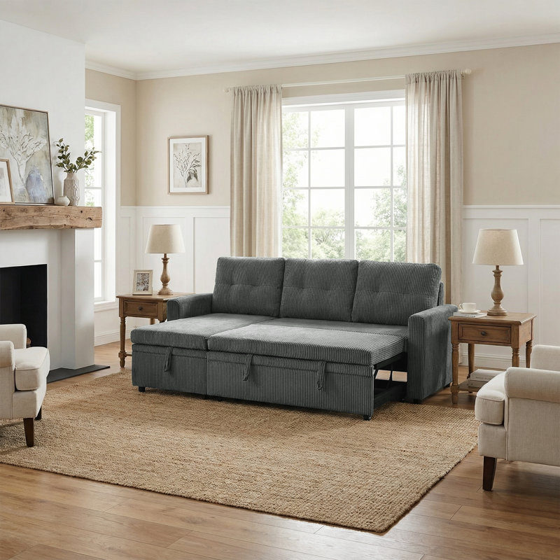 Upholstered L-Shape Gray Corduroy Space-Saving Sleeper Pull-Out Sofa With Hidden Storage, Gray Corduroy