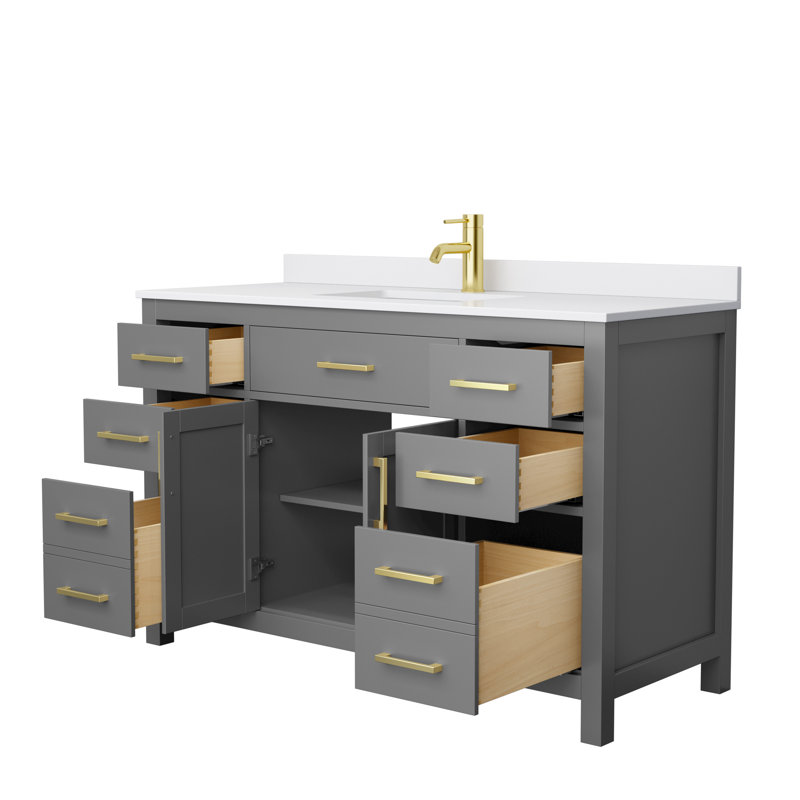 Beckett 54" Freestanding Single Bathroom Vanity with Cultured Marble Top, Brushed Gold, Dark Gray, White Cultured Marble