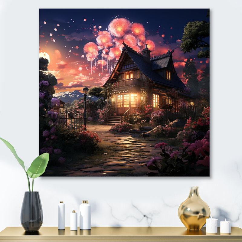 Feux d'artifice roses et bleus dans un chalet - art mural en métal, H 29 po x l 29 po