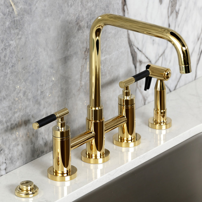 Kingston Brass Kaiser Two-Handle 4-Hole Deck Mount Bridge Kitchen Faucet with Brass Side Sprayer, Polished Brass