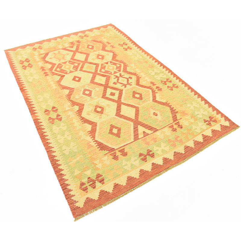 Tapis de la zone en laine beige/rouille 4 pi 2 po x 6 pi 2 po one-of-kind-noué la main Elland
