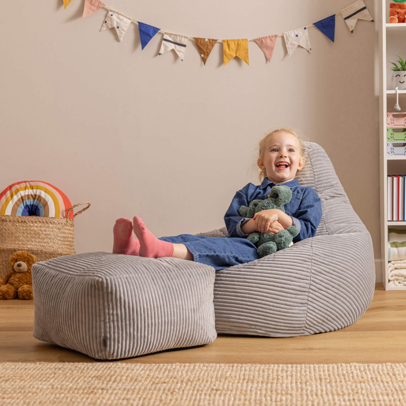 Bean Bag Bazaar Kids Dalton Corduroy Recliner Bean Bag and Square Footstool, Grey