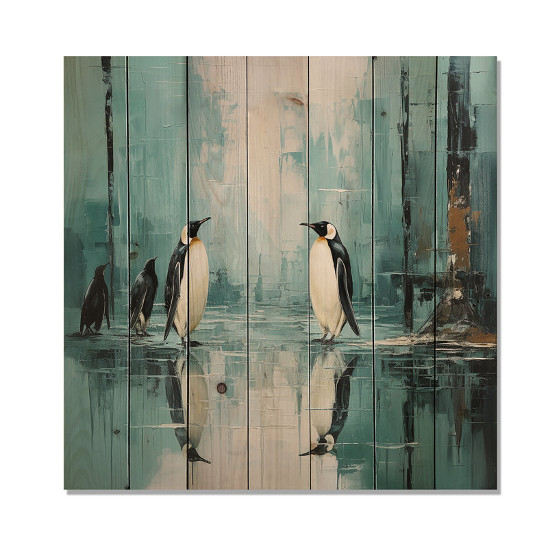 Penguin Family Elegance In Snow I - Penguin Wood Art On Natural Pine Wood, 36" H x 36" W