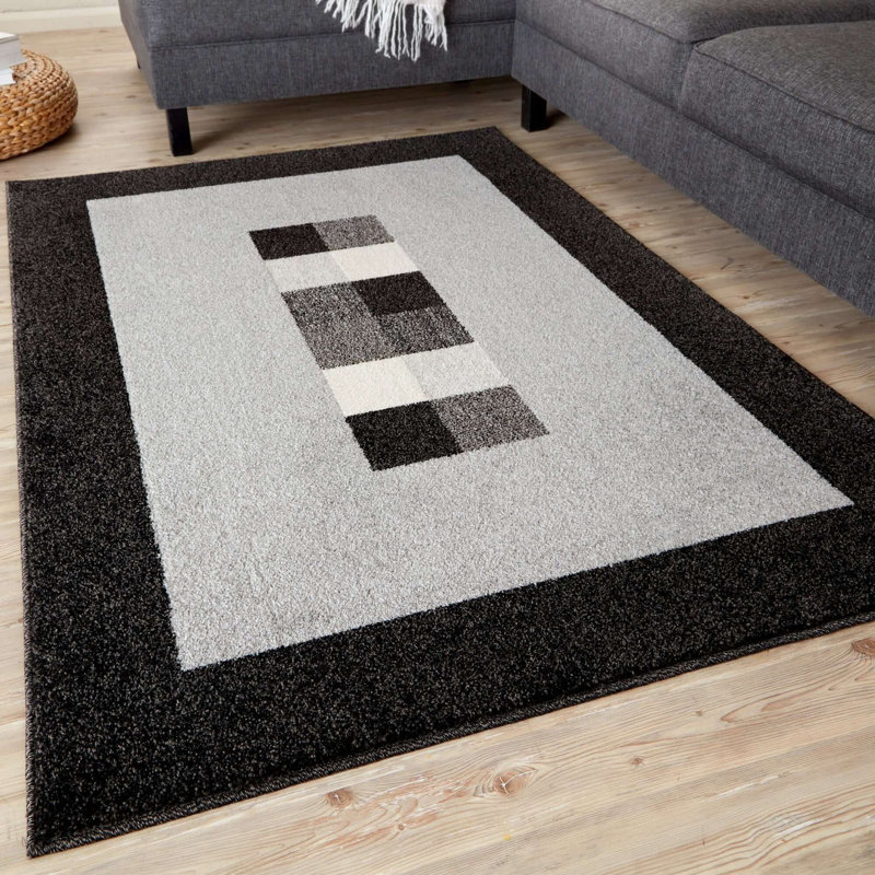 Ephesus Collection Living Room Rugs Bordered Design in Grey/Black, Rectangle 200 x 290cm
