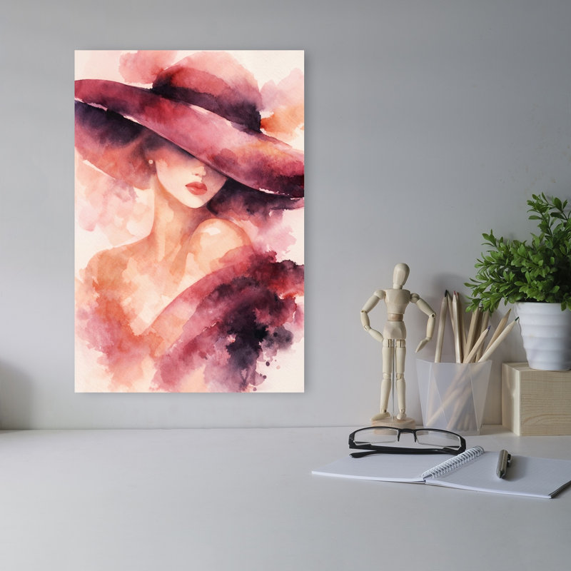 «Elegant Woman In Hat», impression élégante de portrait de paysage moderne rose, 18" H x 12" W