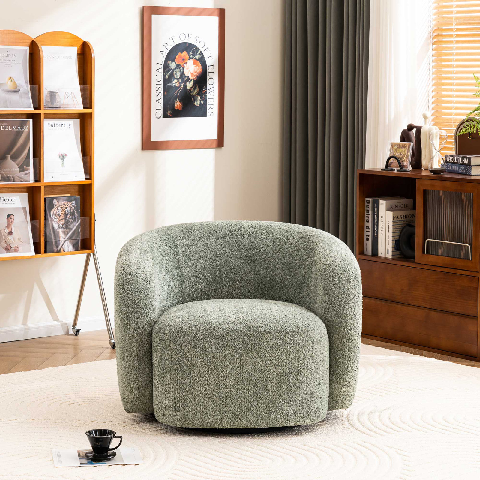 Munehito Upholstered Swivel Barrel Chair, Smoke Green