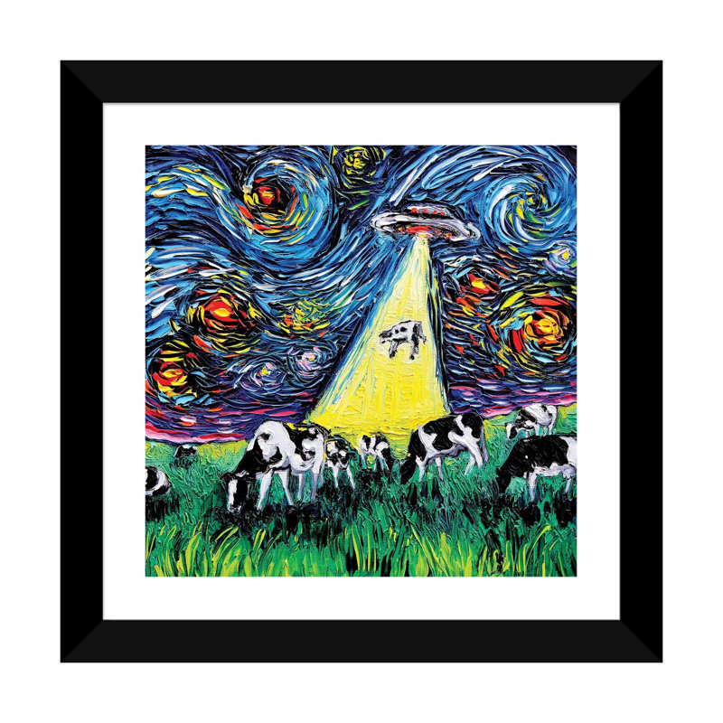 " Van Gogh Was Never Abducted " by Aja Trier, White, 16" H x 16" W x 1" D, Black Framed Paper