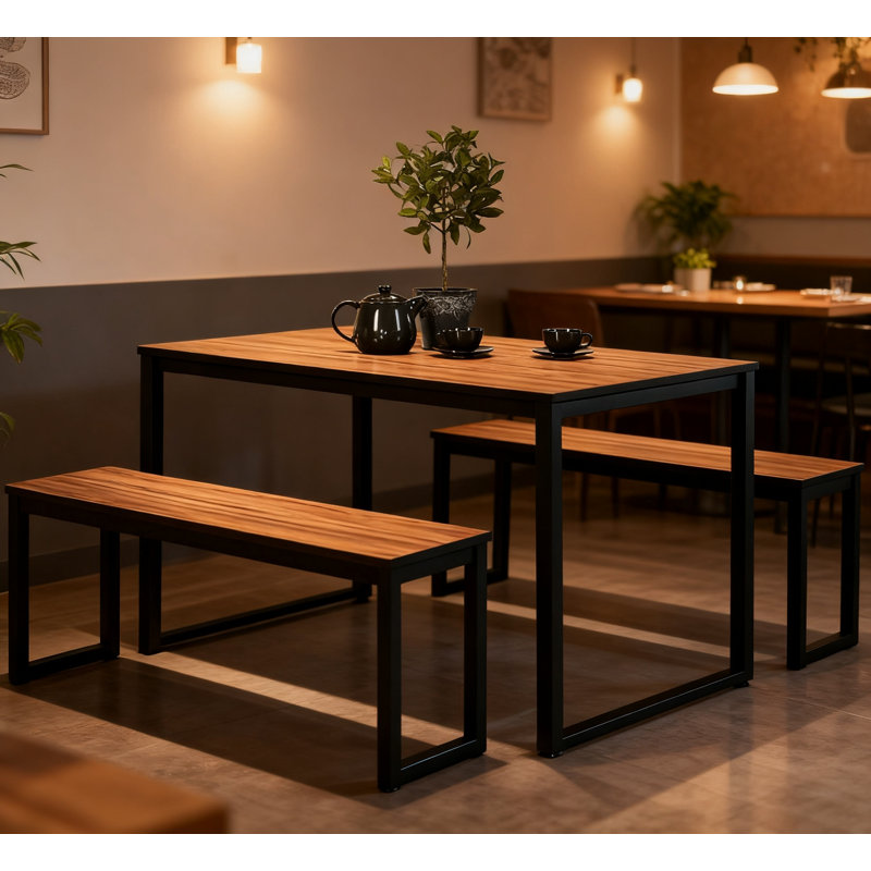 Ensemble 3 pièces de table de salle à manger industrielle - Comprend 1 table et 2 bancs
