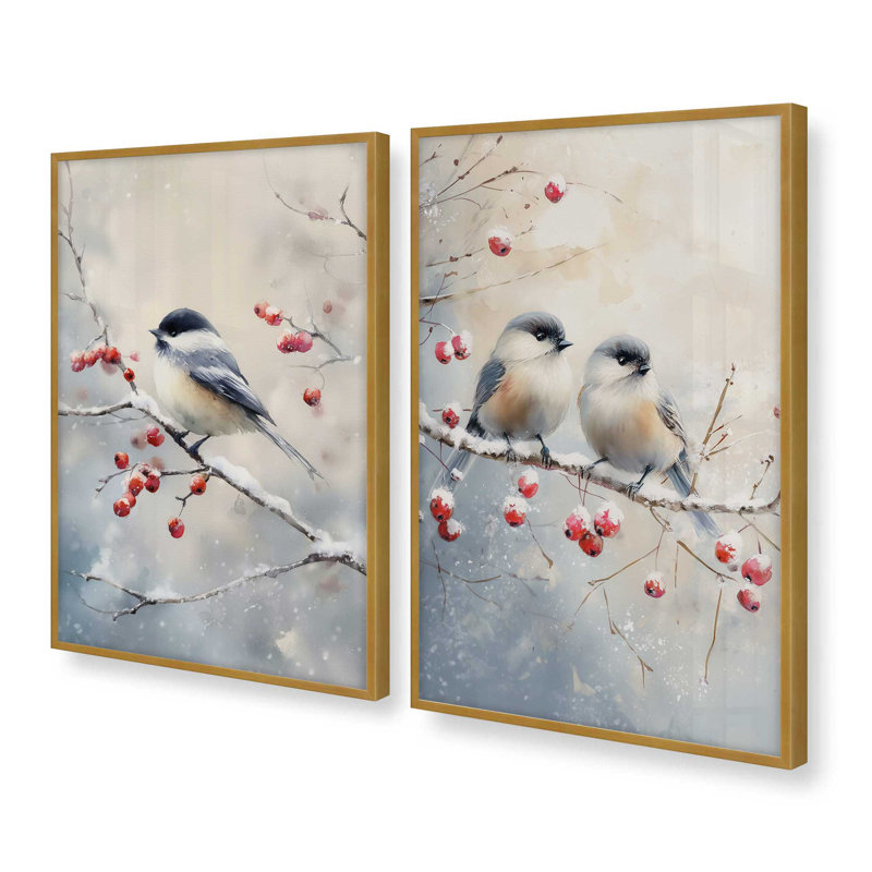 Winter Birdbirds, ensemble de 2 reproductions d'art, Or poli, H 11,5 po x l 19 po