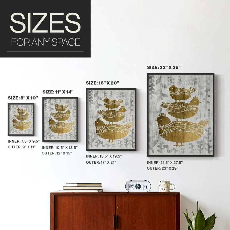 Three French Hens - Gold Leaf Holiday, reproduction encadrée - bois massif, Noir, noir, noir, noir, H 21 po x l 17 po
