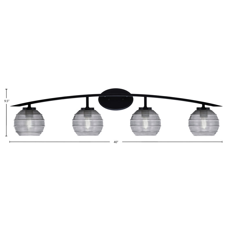Barre d'éclairage de salle de bain 4 lumières avec verre fumé nervuré 6 po Kurve, Noir mat