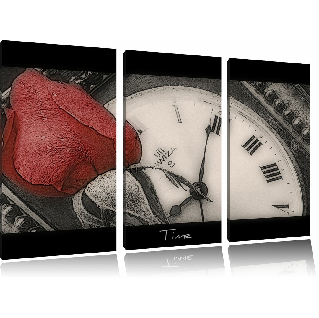 3-tlg. Leinwandbilder-Set „Rote Rose auf alter Uhr", Fotodruck