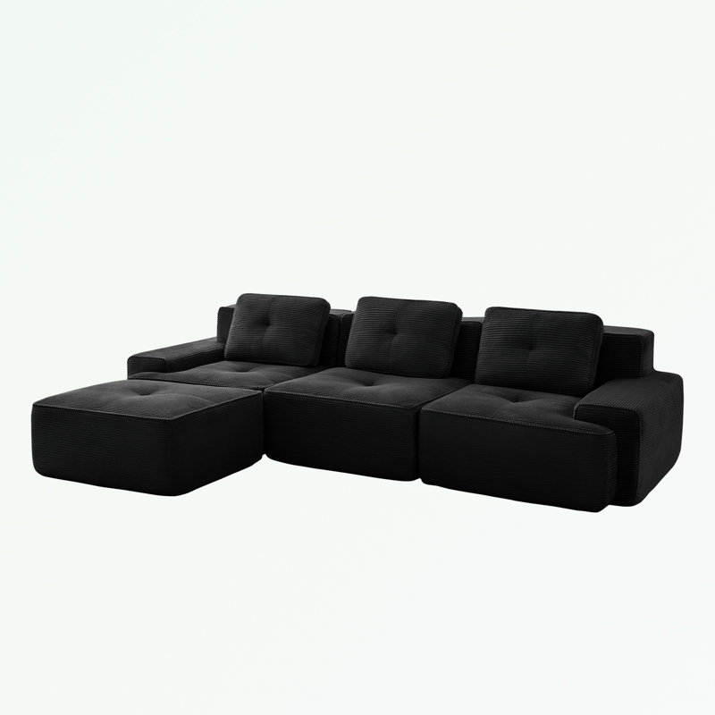Canapé modulaire en L en velours côtelé avec siège profond et repose-pieds mobile, Velours côtelé noir