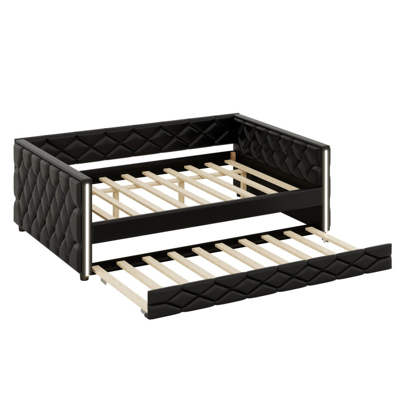 Upholstered Daybed with Trundle and  LED, Perfect for Guest Rooms, Black