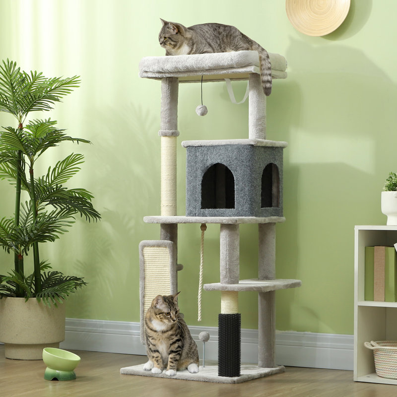 52 Inch Cat Tree with Scratching Posts, Cat Bed, Condo, Light Grey
