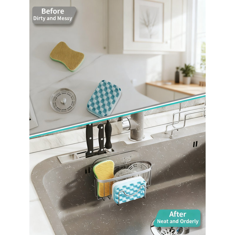 Kitchen Sponge Holder With M-Shaped Design, 2 Installation Methods, Rustproof Stainless Steel Sink Caddy Organizer For Sponge, Brush And Scraper