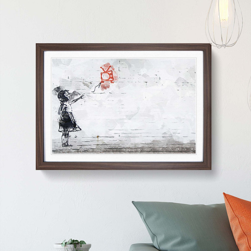 Balloon TV Girl by Banksy - Picture Frame Drawing Print on MDF, Walnut Framed, 27cm H x 36cm W x 2cm D