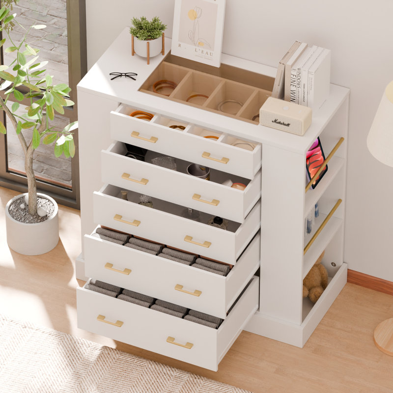 Armoire-penderie à double face avec rangement, commode moderne à 5 tiroirs avec plateau en verre et lumière DEL, blanc