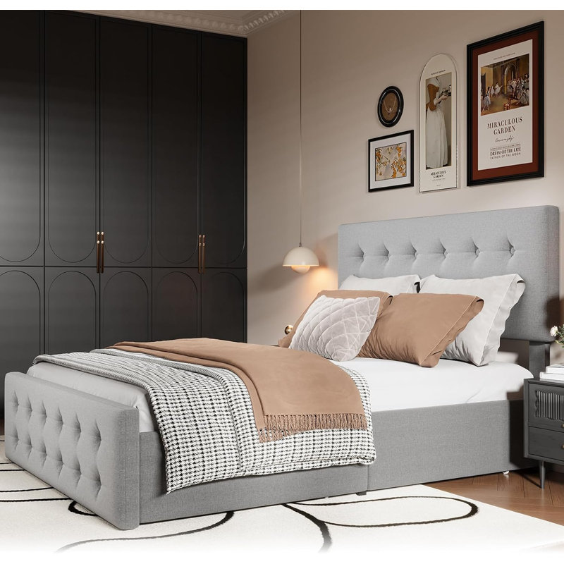 Structure de lit plateforme double rembourrée avec 4 tiroirs de rangement - tête de lit capitonnée, tissu de lin, support à lattes en bois, aucun sommier nécessaire - gris clair (YS188-3), double