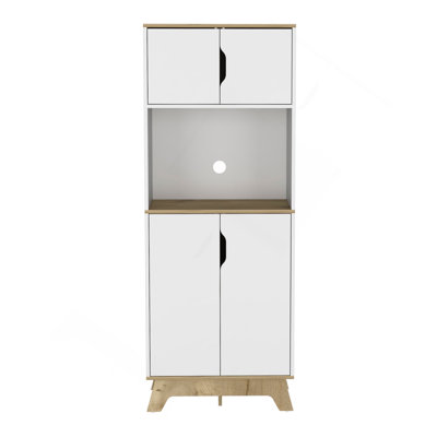 Pamplona Microwave Tall Cabinet Counter Surface, Top And Lower Double Doors Cabinets -Light Oak / White