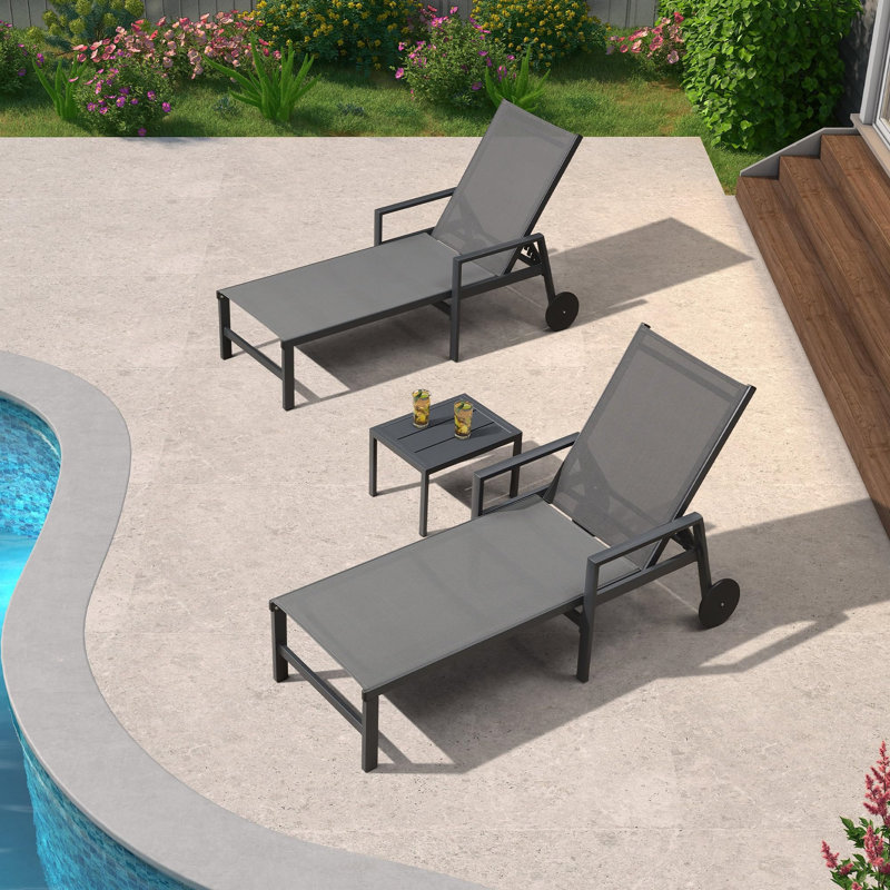PURPLE LEAF Outdoor Chaise Lounge Set with Armrests, 3-Piece Aluminum Patio Recliner Chairs with Side Table & Wheels for Pool Backyard