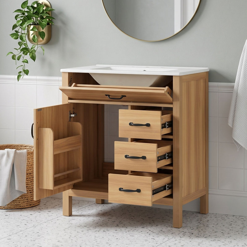 Meuble-lavabo autoportant avec lavabo en céramique, quatre tiroirs à fermeture en douceur et support de rangement pour porte