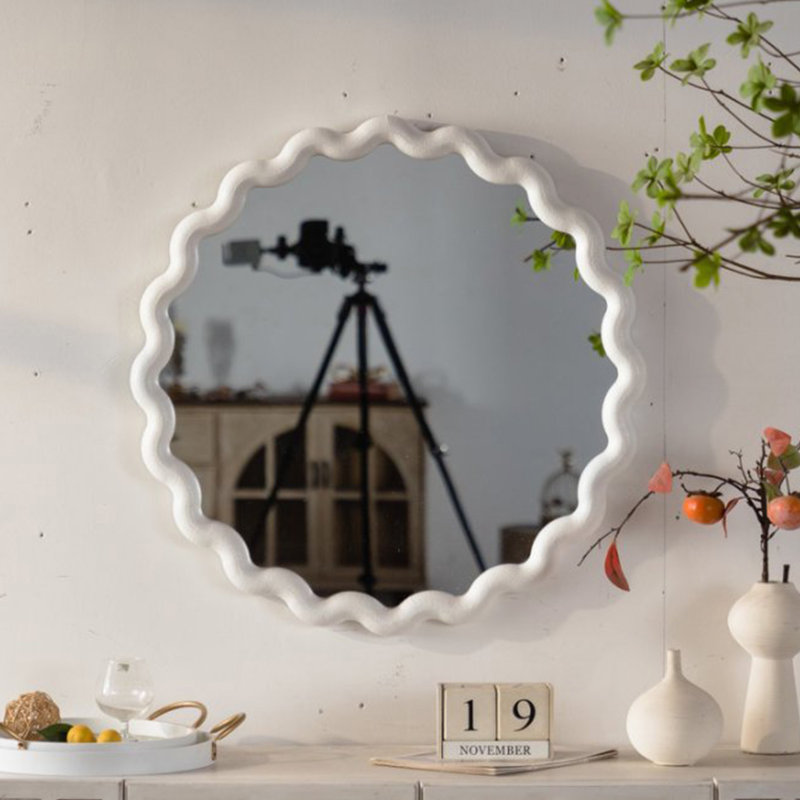 Miroir mural blanc festonné rond, cadre ondulé pour décor de salon / chambre à coucher / salle de bain