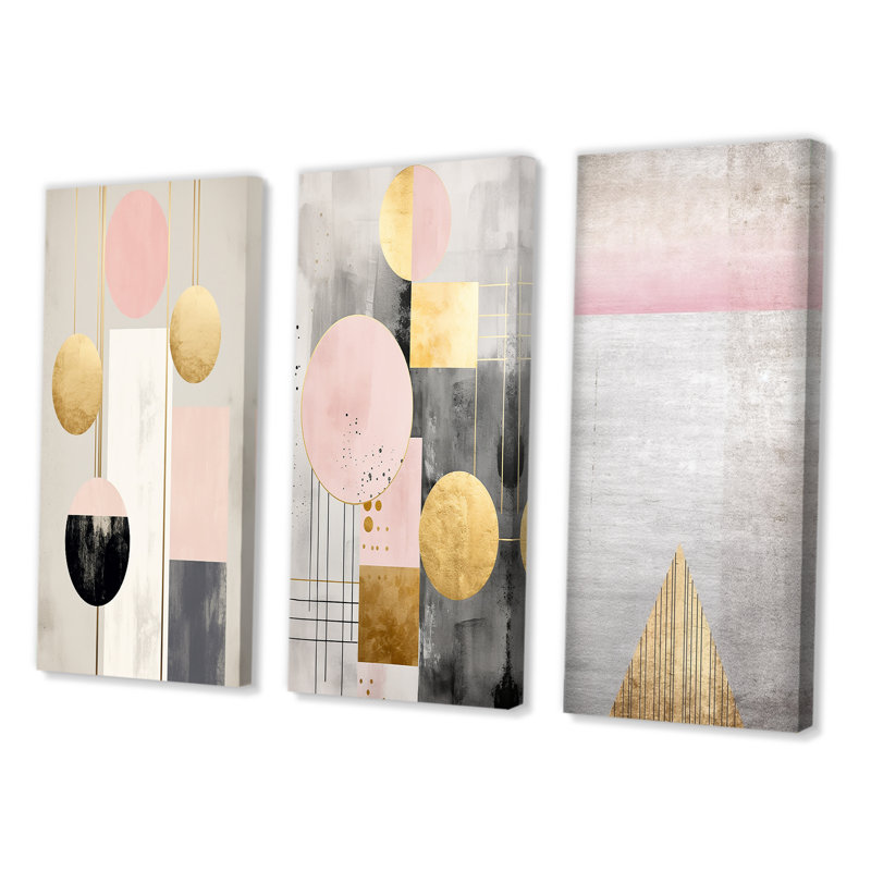 "Pleine lune rétro géométrie rose doré", 3 pièces sur toile, Toile tendue, H 20 po x l 36 po