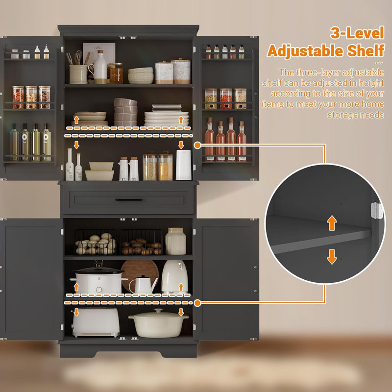 Armoire de cuisine de 72 pouces de hauteur avec 4 tablettes réglables, Noir satiné