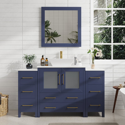 Ensemble de meuble-lavabo autoportant à simple cuve 54 "avec plateau en marbre et miroir assortis Ravenna