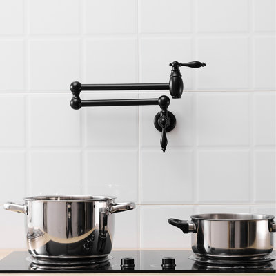 Robinet de remplissage de pot de cuisine, finition nickel-laiton murale, bras articulés doubles articulés extensibles, style classique, rotation à 360 °, conception sécuritaire, soupapes doubles, robinets de cuisinière à montage commercial faciles à nettoyer