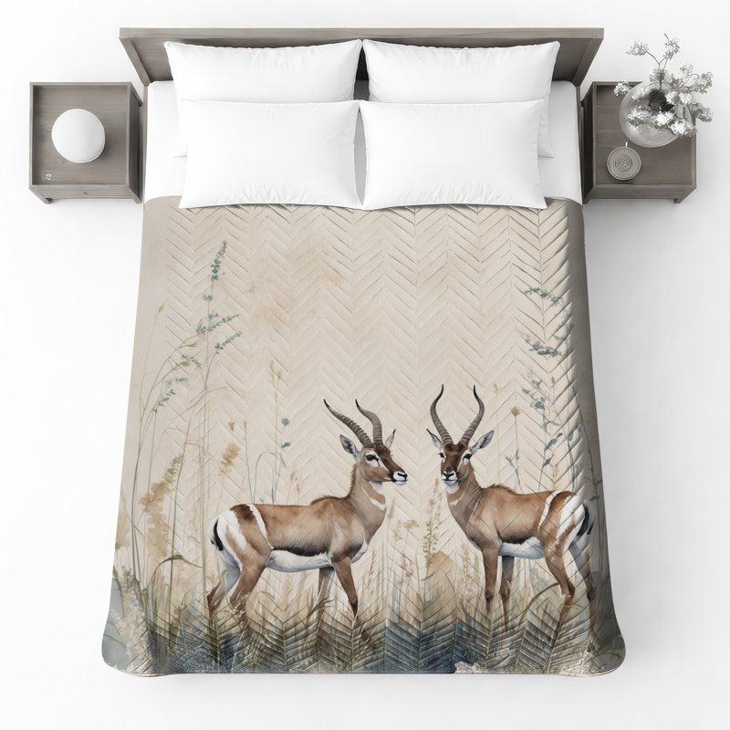 Couvre-lit matelassé deux gazelles en herbe toutes tailles, Très grand lit