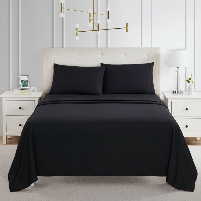  Ensemble de draps double brossé de luxe pour hôtel avec draps et taies d'oreiller très doux, Noir, California King